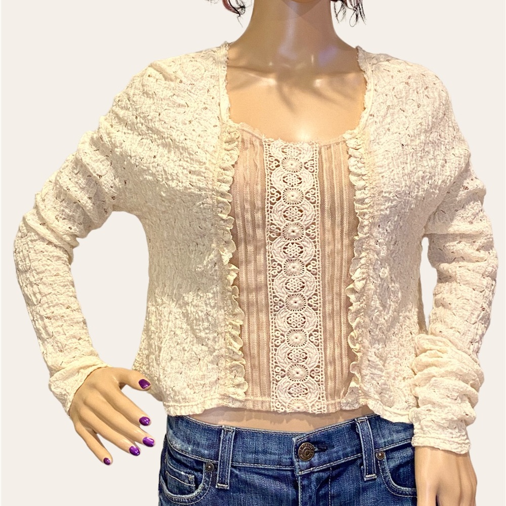 Free People Cropped Lacey Crochet Crepe Cream Top Shirt Size XS VGC
